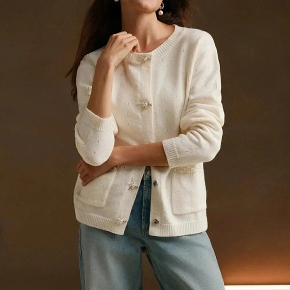 Apricot Casual Women's Solid Color Pearl Decor Crew Neck Long Sleeve Cardigan - Picture 1 of 7